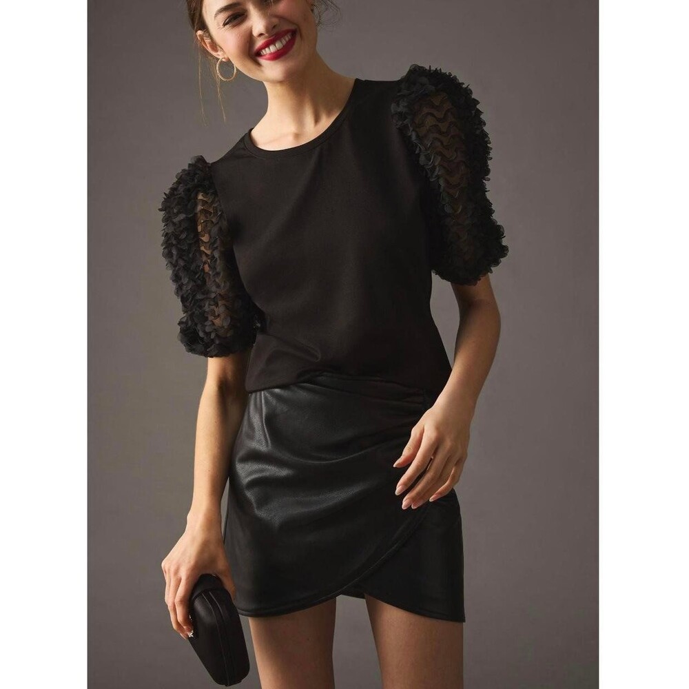 Anthropologie Flat White Ruffle Balloon Sleeve Top SZ S NWT